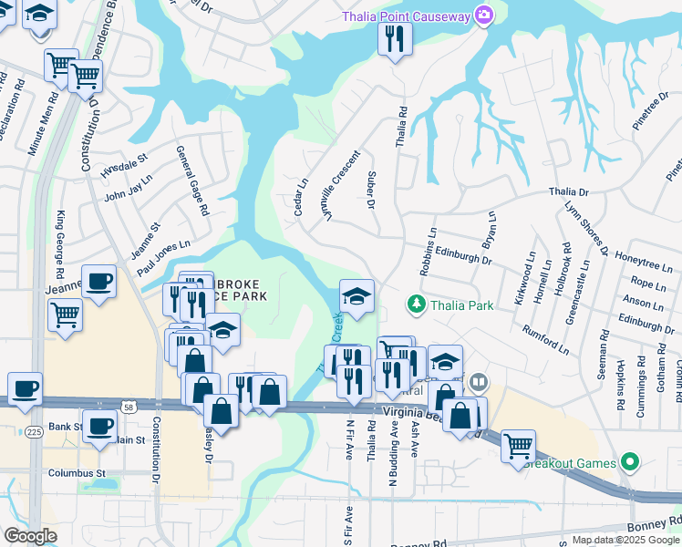 map of restaurants, bars, coffee shops, grocery stores, and more near 413 Cedar Ln in Virginia Beach