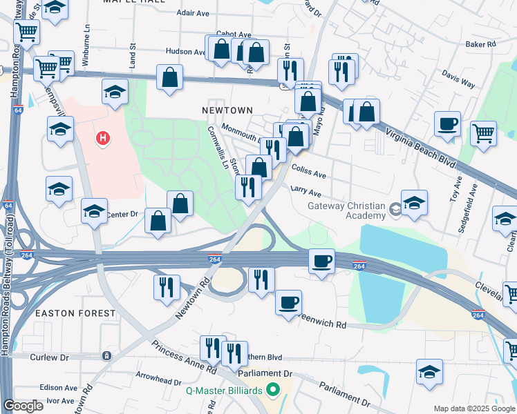 map of restaurants, bars, coffee shops, grocery stores, and more near Newtown Rd & Stoney Point S in Norfolk
