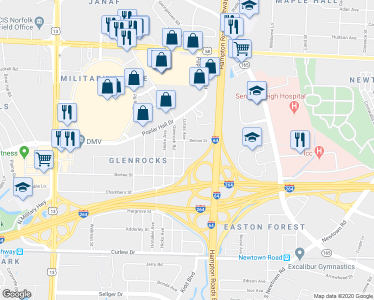 map of restaurants, bars, coffee shops, grocery stores, and more near 446 Lucas Avenue in Norfolk