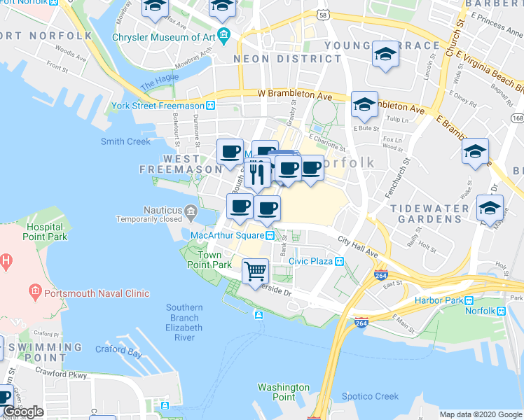 map of restaurants, bars, coffee shops, grocery stores, and more near 200 Granby Street in Norfolk