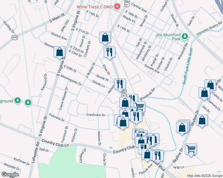 map of restaurants, bars, coffee shops, grocery stores, and more near 398 Ginnie Ln in Hopkinsville