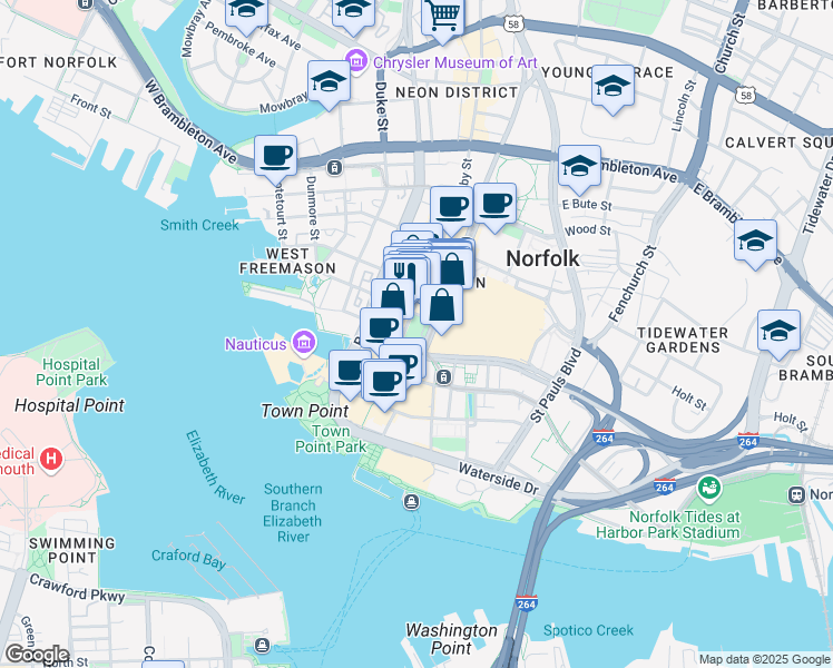 map of restaurants, bars, coffee shops, grocery stores, and more near 200 Granby Street in Norfolk