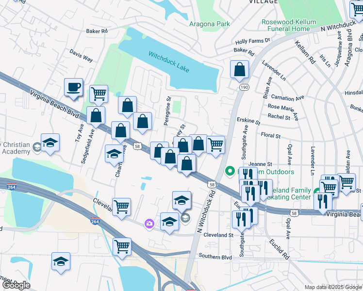 map of restaurants, bars, coffee shops, grocery stores, and more near 5215 Richard Road in Virginia Beach