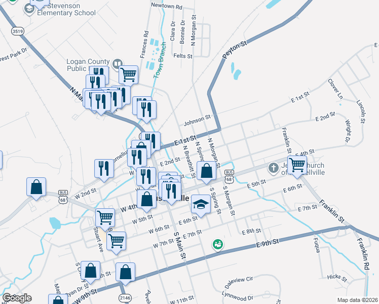 map of restaurants, bars, coffee shops, grocery stores, and more near 301-399 North Breathitt Street in Russellville