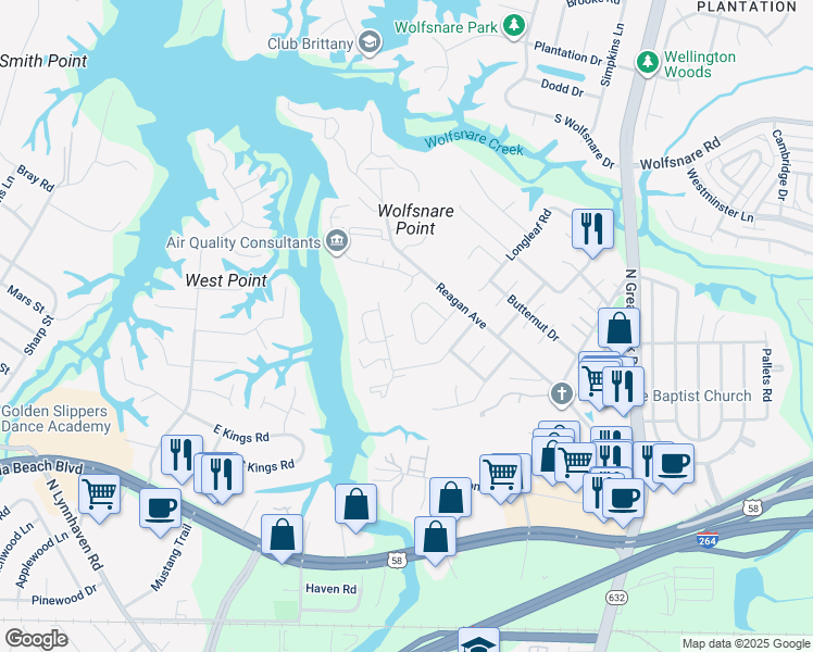 map of restaurants, bars, coffee shops, grocery stores, and more near 416 Falling Lane in Virginia Beach