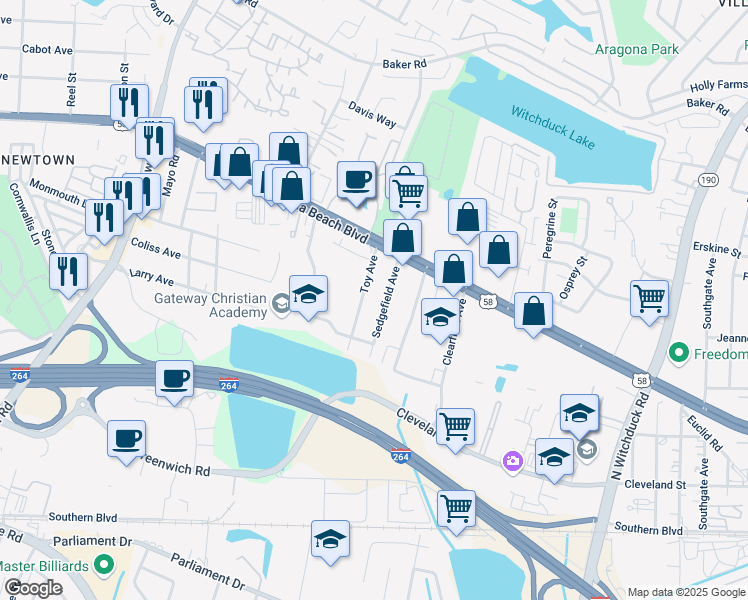 map of restaurants, bars, coffee shops, grocery stores, and more near 278 Toy Avenue in Virginia Beach