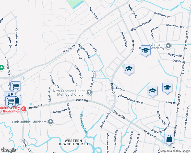 map of restaurants, bars, coffee shops, grocery stores, and more near 4429 Pepper Ridge Court in Chesapeake