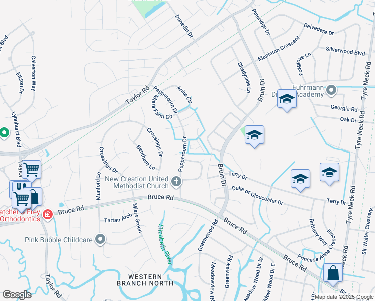 map of restaurants, bars, coffee shops, grocery stores, and more near 4429 Pepper Ridge Court in Chesapeake