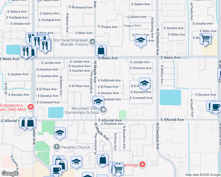 map of restaurants, bars, coffee shops, grocery stores, and more near 2105 East El Paso Avenue in Fresno