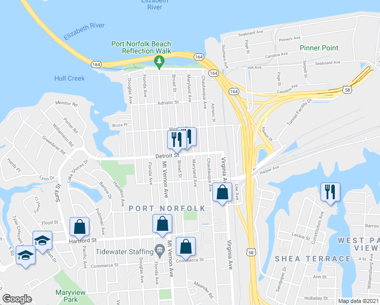 map of restaurants, bars, coffee shops, grocery stores, and more near 358 Maryland Avenue in Portsmouth