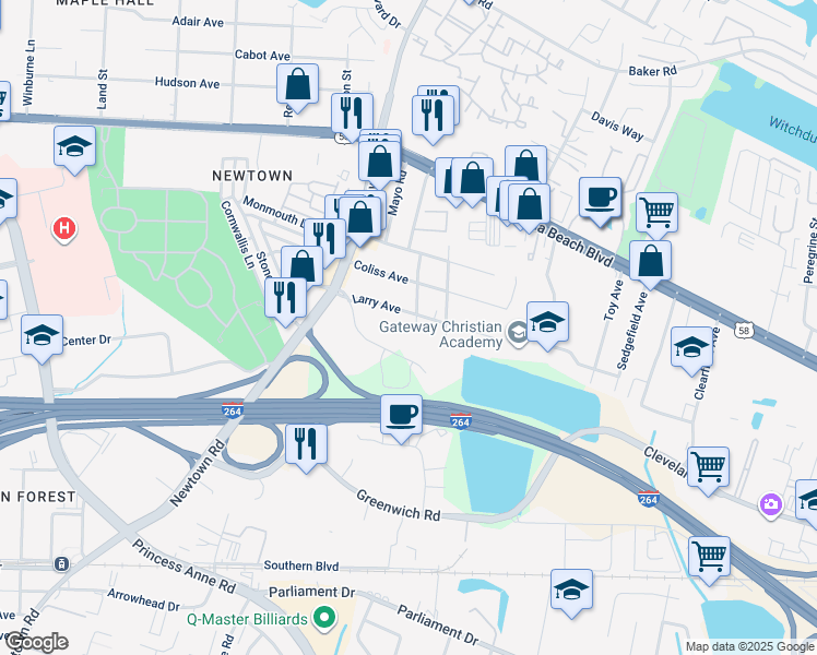 map of restaurants, bars, coffee shops, grocery stores, and more near 225 Fair Meadows Road in Virginia Beach