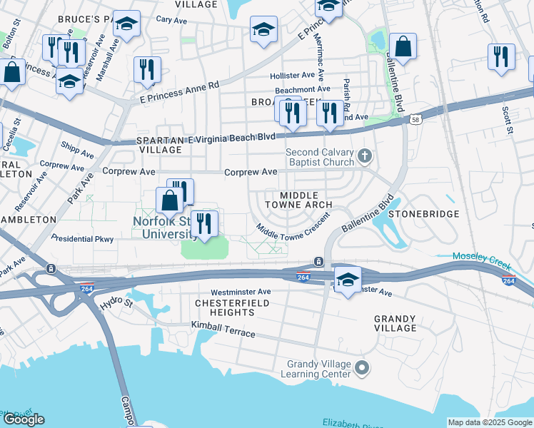 map of restaurants, bars, coffee shops, grocery stores, and more near 2729 Colchester Crescent in Norfolk