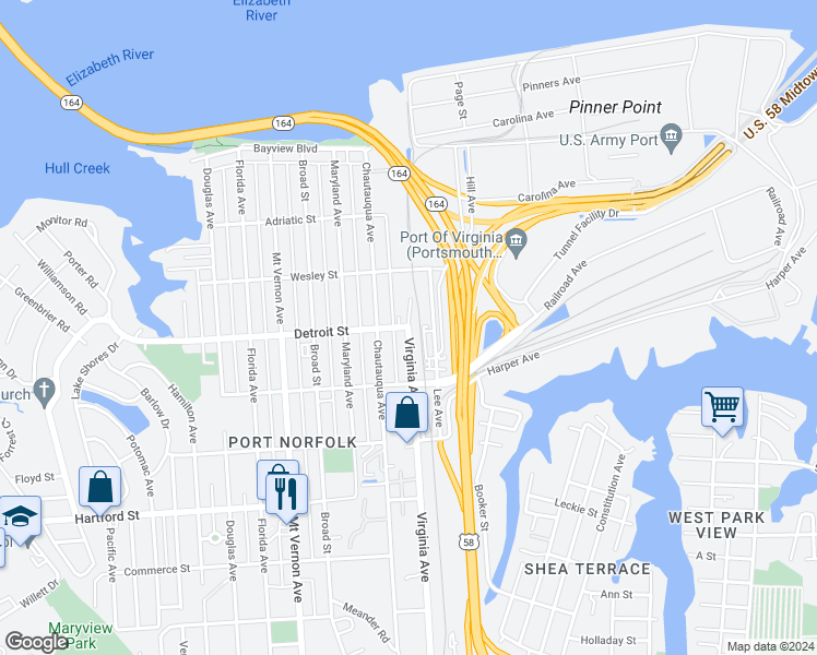 map of restaurants, bars, coffee shops, grocery stores, and more near 311 Virginia Avenue in Portsmouth