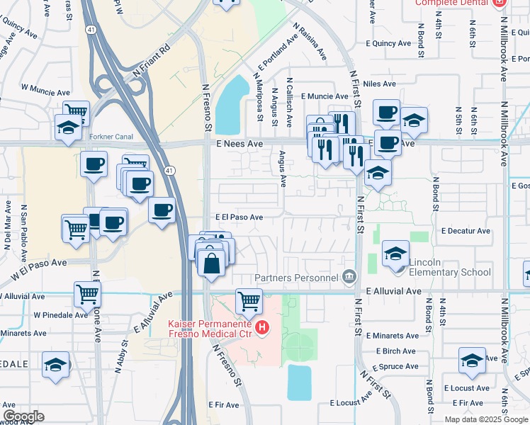 map of restaurants, bars, coffee shops, grocery stores, and more near 308 East El Paso Avenue in Fresno