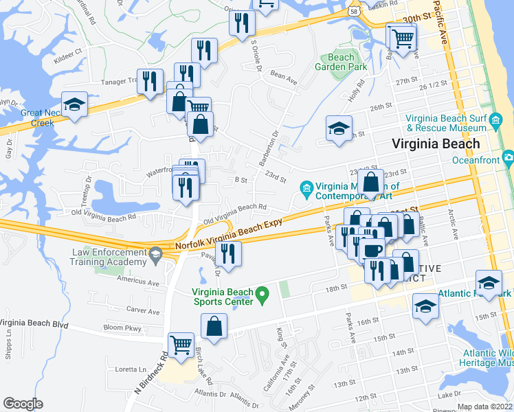 map of restaurants, bars, coffee shops, grocery stores, and more near 504 Barberton Drive in Virginia Beach