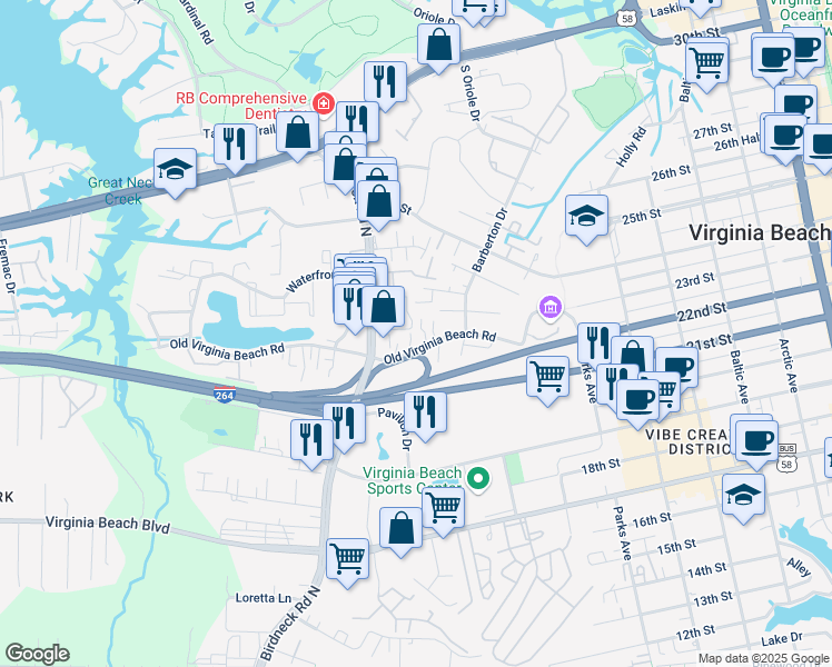 map of restaurants, bars, coffee shops, grocery stores, and more near 904 Maximus Square in Virginia Beach