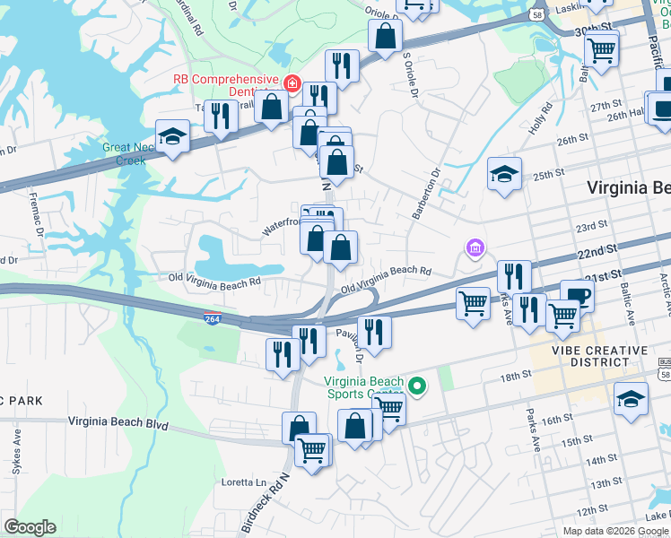 map of restaurants, bars, coffee shops, grocery stores, and more near 529 North Birdneck Road in Virginia Beach