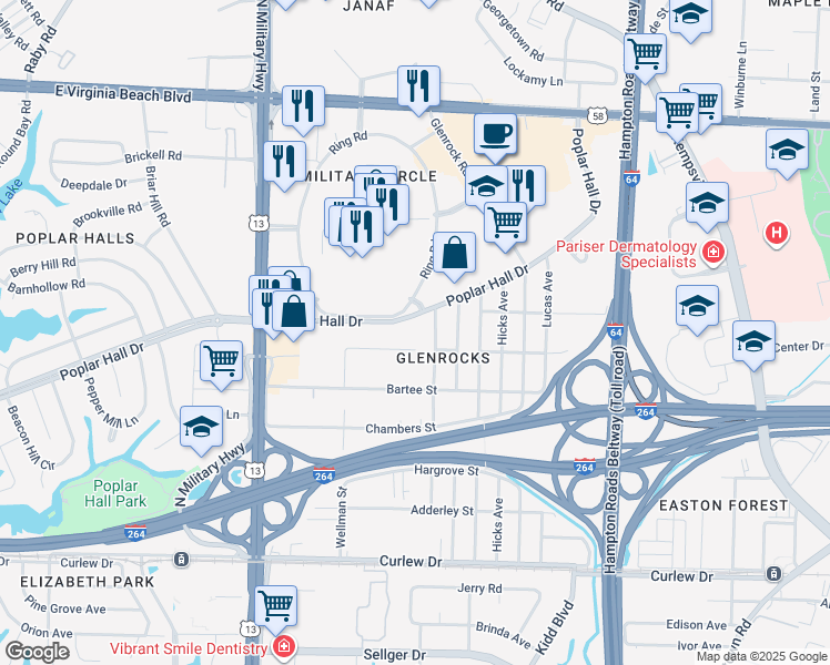 map of restaurants, bars, coffee shops, grocery stores, and more near 5873 Poplar Hall Drive in Norfolk