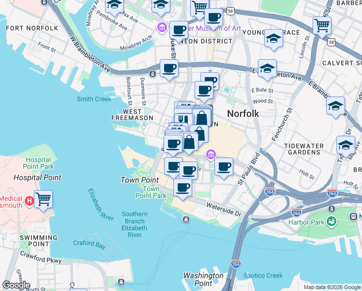 map of restaurants, bars, coffee shops, grocery stores, and more near in Norfolk