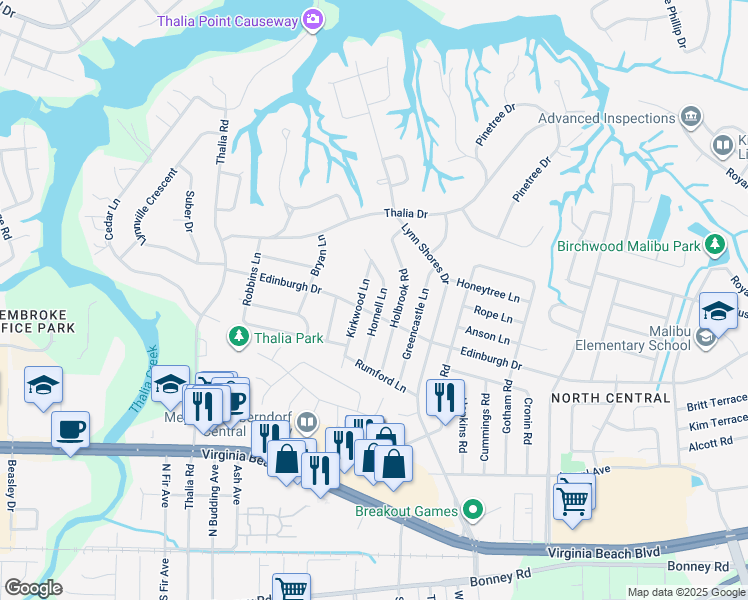 map of restaurants, bars, coffee shops, grocery stores, and more near 505 Hornell Lane in Virginia Beach
