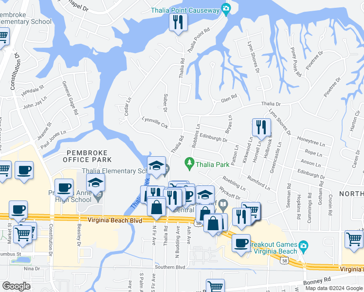 map of restaurants, bars, coffee shops, grocery stores, and more near 468 Thalia Road in Virginia Beach