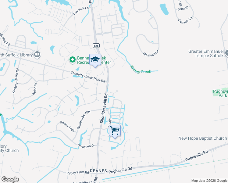 map of restaurants, bars, coffee shops, grocery stores, and more near 7001 Darby Court in Suffolk