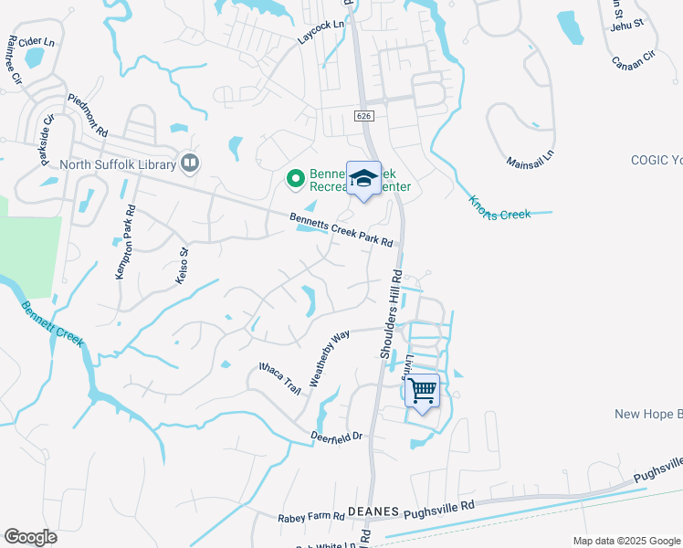 map of restaurants, bars, coffee shops, grocery stores, and more near 3608 Martingale Court in Suffolk