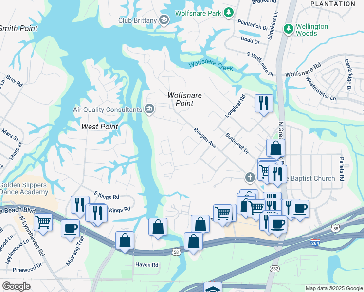 map of restaurants, bars, coffee shops, grocery stores, and more near 416 Falling Lane in Virginia Beach