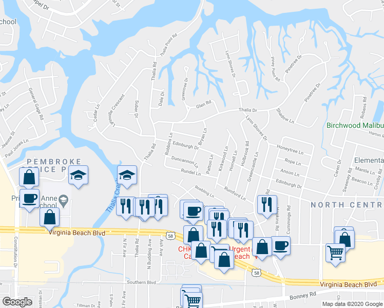 map of restaurants, bars, coffee shops, grocery stores, and more near 409 Bryan Lane in Virginia Beach