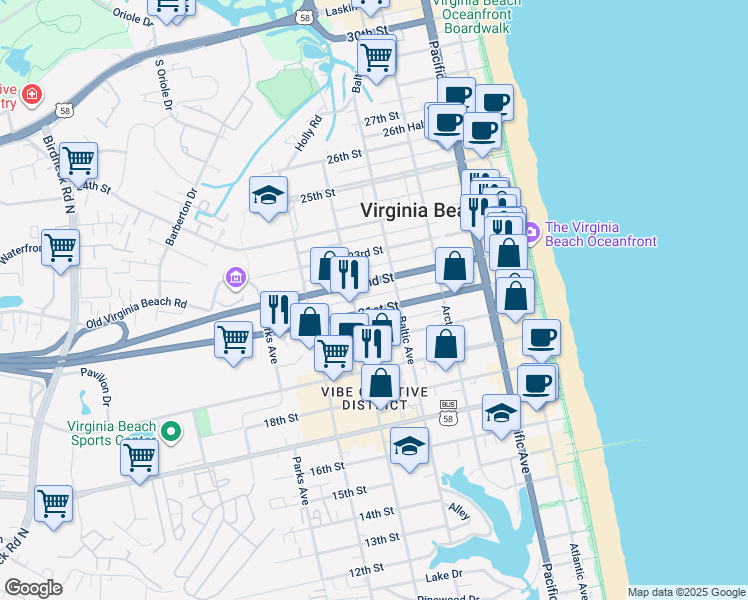 map of restaurants, bars, coffee shops, grocery stores, and more near 517 21st Street in Virginia Beach