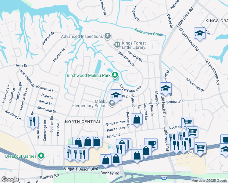 map of restaurants, bars, coffee shops, grocery stores, and more near 3628 Virginius Drive in Virginia Beach