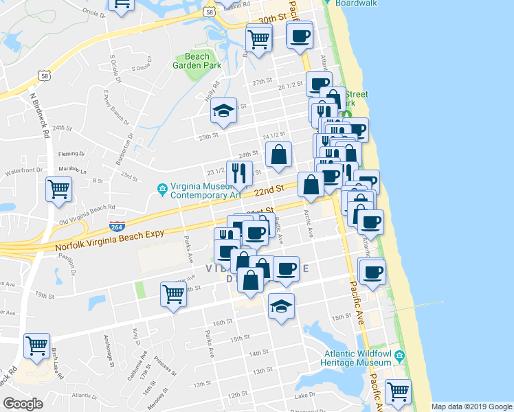map of restaurants, bars, coffee shops, grocery stores, and more near 517 21st Street in Virginia Beach