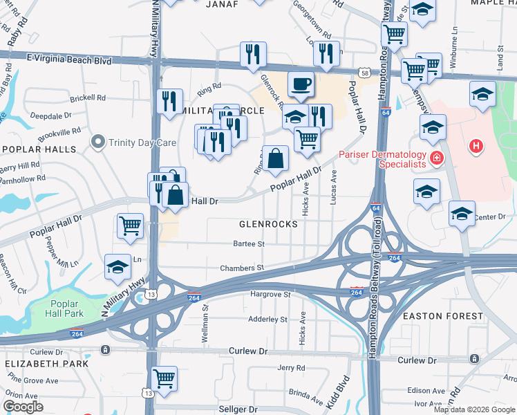 map of restaurants, bars, coffee shops, grocery stores, and more near 466 Frizzell Avenue in Norfolk