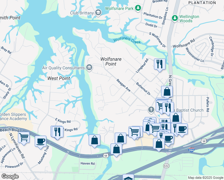 map of restaurants, bars, coffee shops, grocery stores, and more near 409 Falling Lane in Virginia Beach