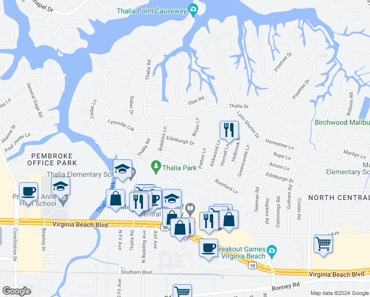 map of restaurants, bars, coffee shops, grocery stores, and more near 409 Bryan Lane in Virginia Beach