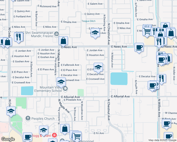 map of restaurants, bars, coffee shops, grocery stores, and more near 2281 East El Paso Avenue in Fresno