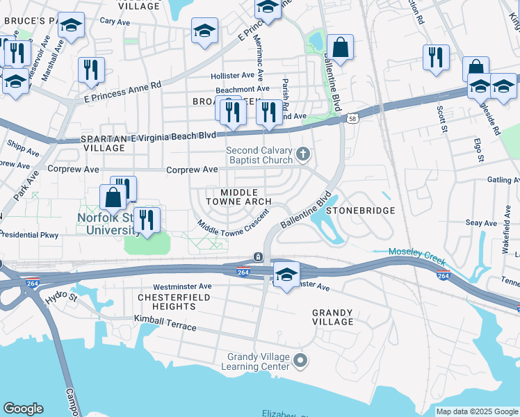 map of restaurants, bars, coffee shops, grocery stores, and more near 2852 Middle Towne Crescent in Norfolk