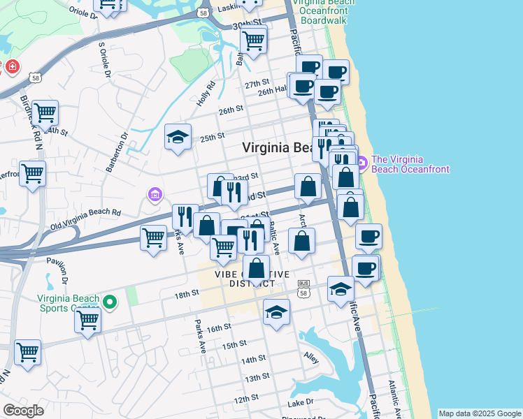 map of restaurants, bars, coffee shops, grocery stores, and more near 505 21st Street in Virginia Beach