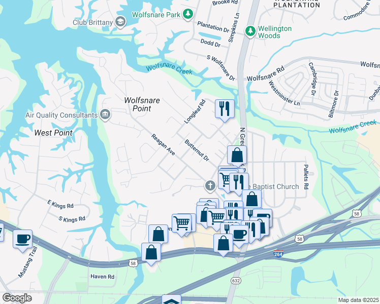 map of restaurants, bars, coffee shops, grocery stores, and more near 407 Chinaberry Circle in Virginia Beach