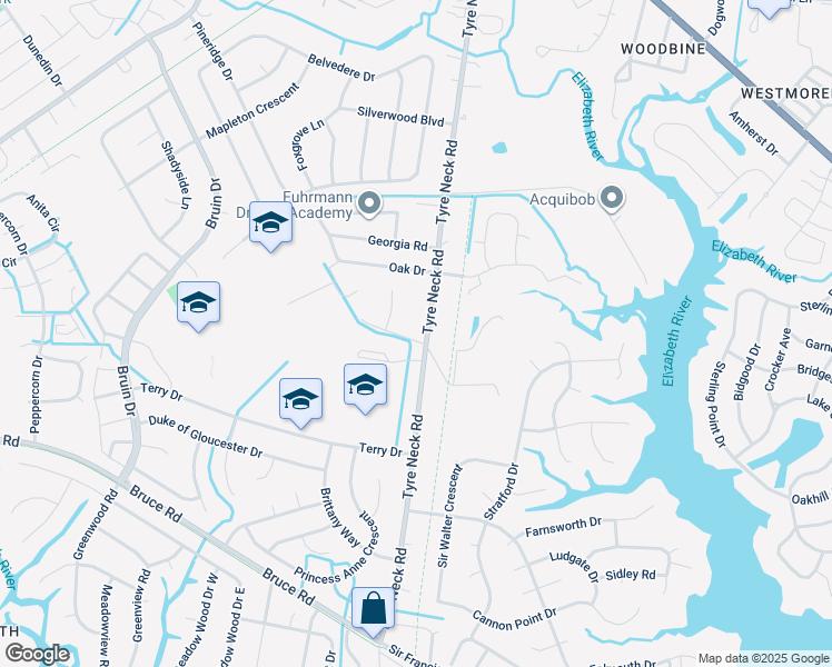 map of restaurants, bars, coffee shops, grocery stores, and more near 3100 Tyre Neck Road in Chesapeake