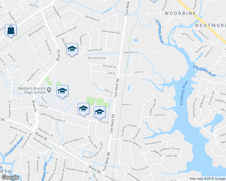 map of restaurants, bars, coffee shops, grocery stores, and more near 3100 Tyre Neck Road in Chesapeake