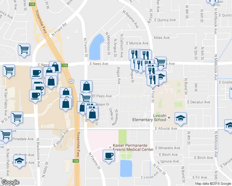 map of restaurants, bars, coffee shops, grocery stores, and more near 394 East El Paso Avenue in Fresno