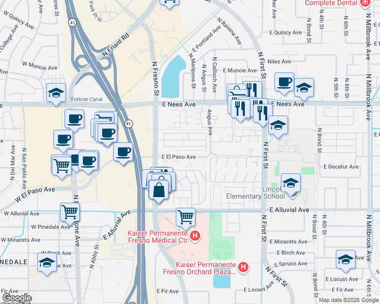 map of restaurants, bars, coffee shops, grocery stores, and more near 308 East El Paso Avenue in Fresno