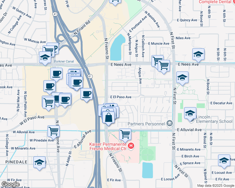 map of restaurants, bars, coffee shops, grocery stores, and more near 266 East El Paso Avenue in Fresno
