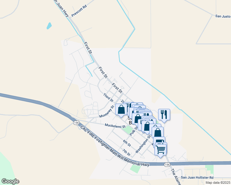 map of restaurants, bars, coffee shops, grocery stores, and more near 7 Vía Padre in San Juan Bautista