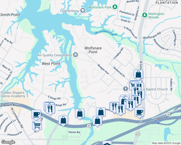 map of restaurants, bars, coffee shops, grocery stores, and more near 400 Falling Lane in Virginia Beach