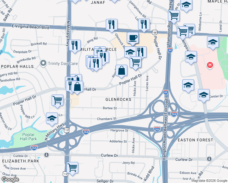 map of restaurants, bars, coffee shops, grocery stores, and more near 466 Frizzell Avenue in Norfolk
