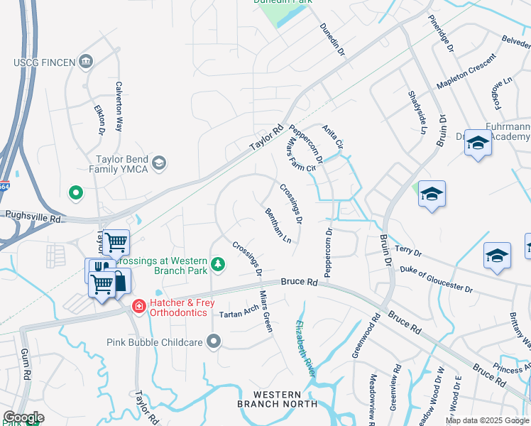 map of restaurants, bars, coffee shops, grocery stores, and more near 3219 Bentham Lane in Chesapeake
