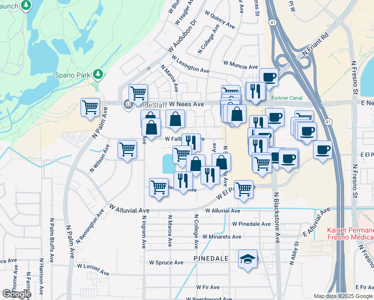 map of restaurants, bars, coffee shops, grocery stores, and more near 313 W Fallbrook Ave in Fresno