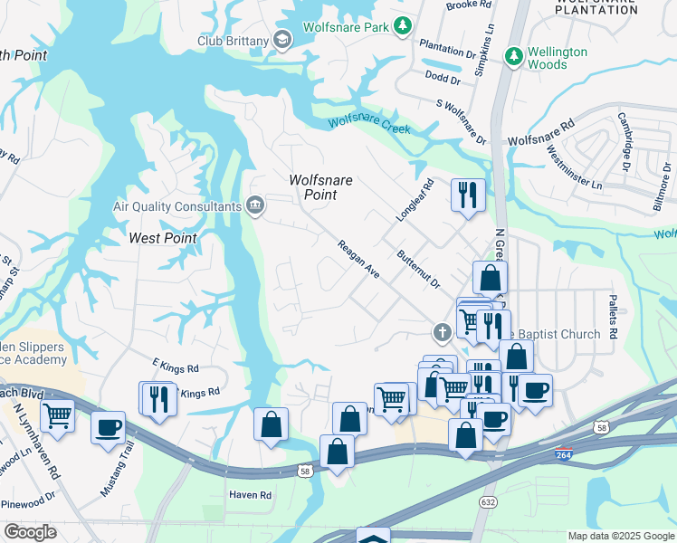 map of restaurants, bars, coffee shops, grocery stores, and more near 305 Falling Lane in Virginia Beach